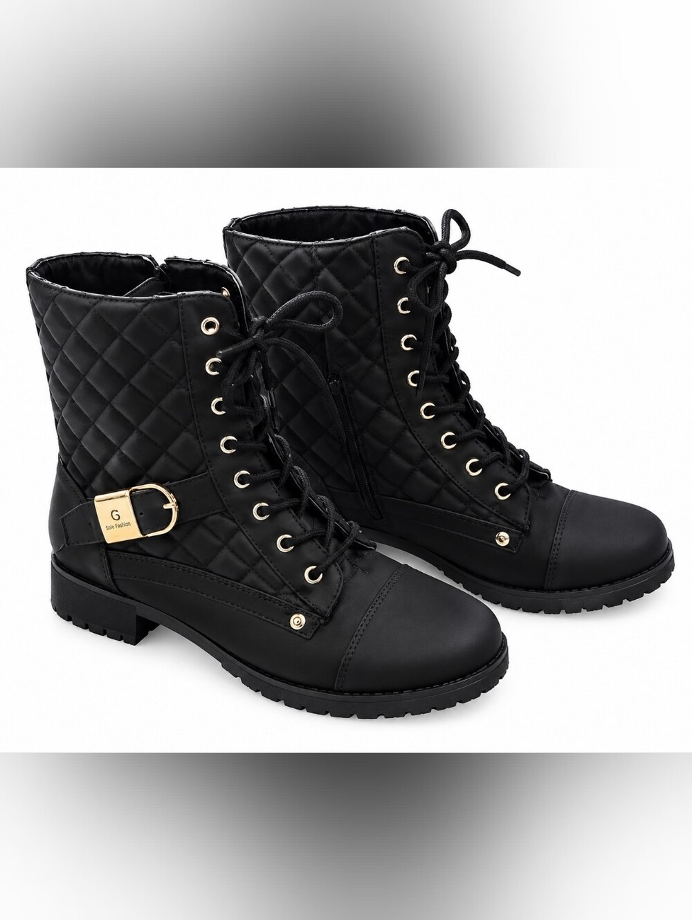G by Guess Black Quilted Lace-Up Combat Boots with Gold Buckle Size 8
